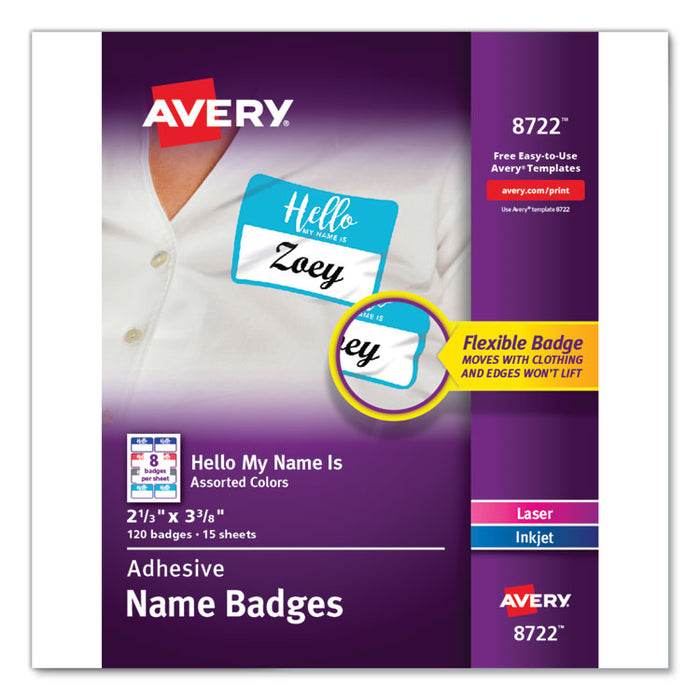 Flexible Adhesive Name Badge Labels, "Hello", 3 3/8 x 2 1/3, Assorted, 120/PK