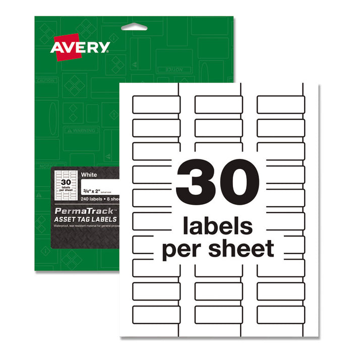 PermaTrack Durable White Asset Tag Labels, Laser Printers, 0.75 x 2, White, 30/Sheet, 8 Sheets/Pack