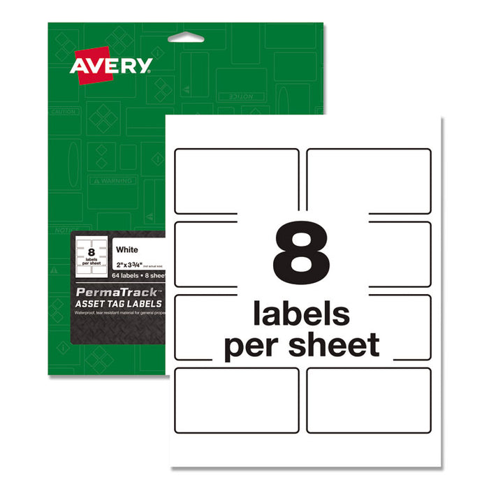 PermaTrack Durable White Asset Tag Labels, Laser Printers, 2 x 3.75, White, 8/Sheet, 8 Sheets/Pack