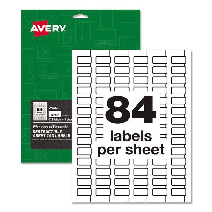 PermaTrack Destructible Asset Tag Labels, Laser Printers, 0.5 x 1, White, 84/Sheet, 8 Sheets/Pack