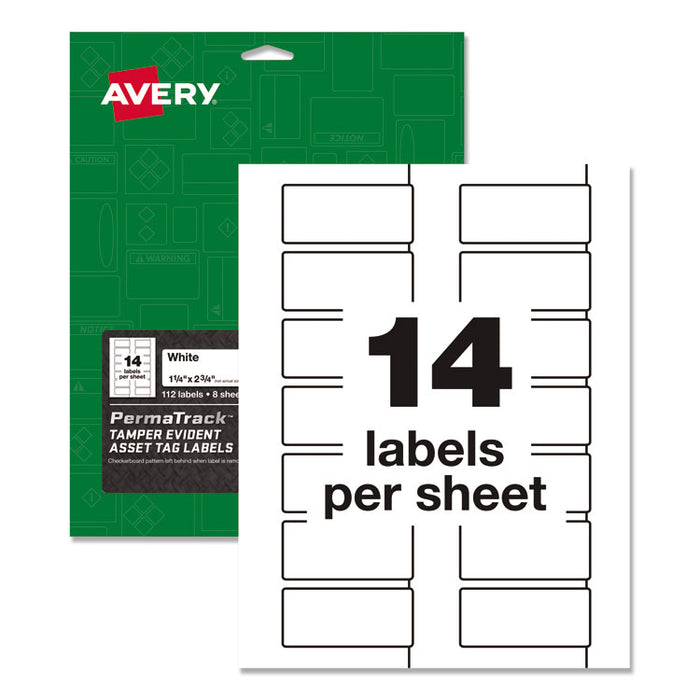 PermaTrack Tamper-Evident Asset Tag Labels, Laser Printers, 1.25 x 2.75, White, 14/Sheet, 8 Sheets/Pack