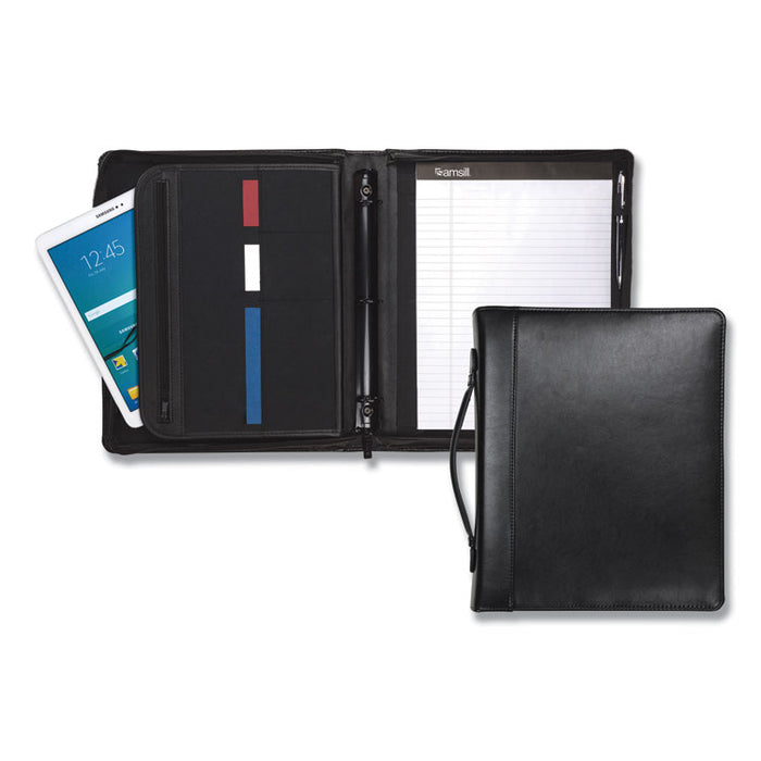 Leather Multi-Ring Zippered Portfolio, Two-Part, 1" Cap, 11 x 13 1/2, Black