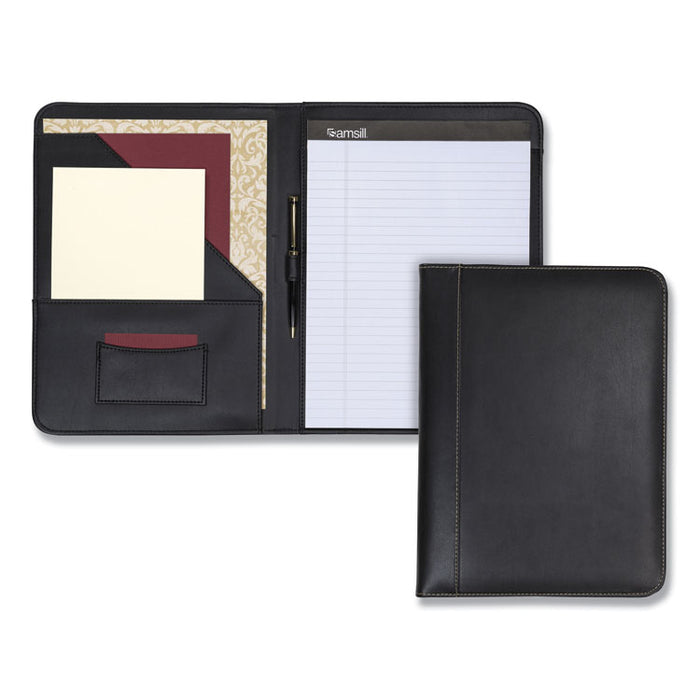 Contrast Stitch Leather Padfolio, 8 1/2 x 11, Leather, Black