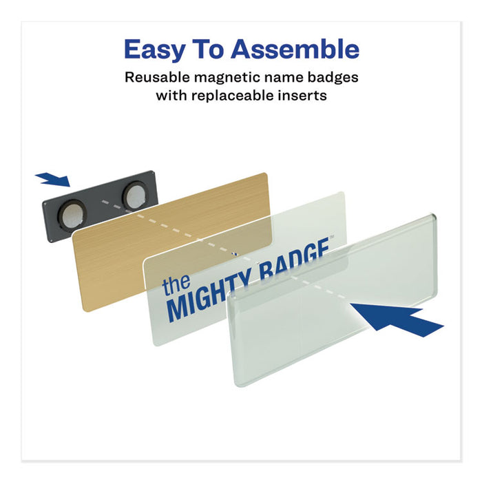 The Mighty Badge Name Badge Holder Kit, Horizontal, 3 x 1, Laser, Gold, 50 Holders/120 Inserts