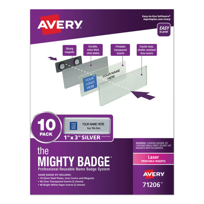 The Mighty Badge Name Badge Holder Kit, Horizontal, 3 x 1, Laser, Silver, 10 Holders/ 80 Inserts