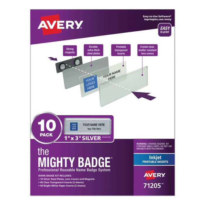 The Mighty Badge Name Badge Holder Kit, Horizontal, 3 x 1, Inkjet, Silver, 10 Holders/ 80 Inserts