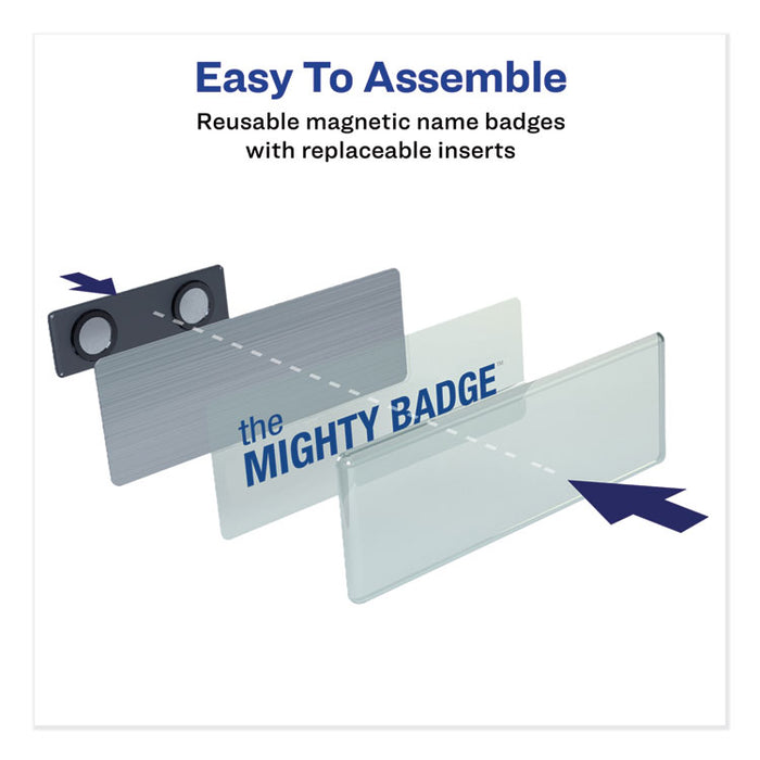 The Mighty Badge Name Badge Holder Kit, Horizontal, 3 x 1, Laser, Silver, 50 Holders/120 Inserts