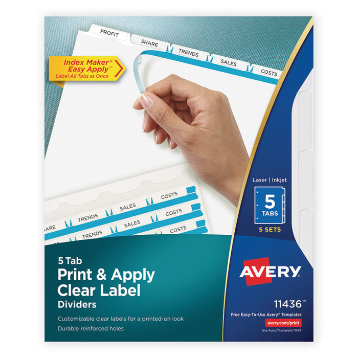 Print and Apply Index Maker Clear Label Dividers, 5 White Tabs, Letter, 5 Sets