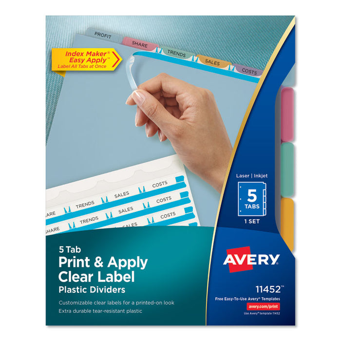 Print and Apply Index Maker Clear Label Plastic Dividers with Printable Label Strip, 5-Tab, 11 x 8.5, Translucent, 1 Set