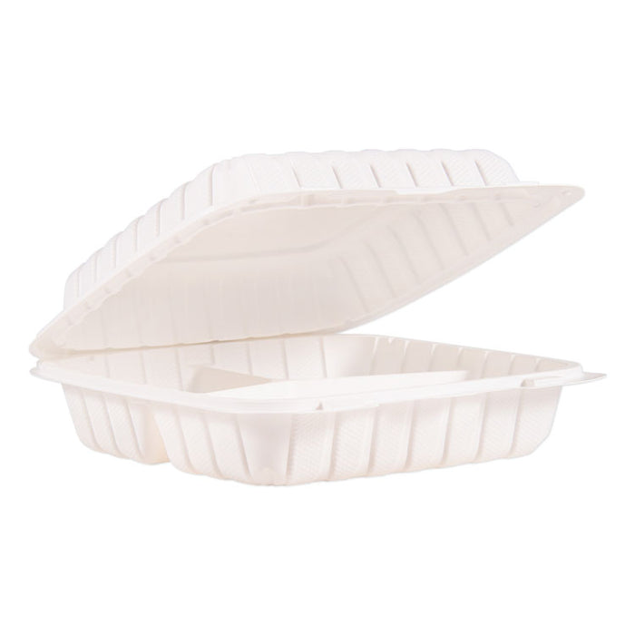 Hinged Lid Containers, 3-Compartment, 9 x 8.8 x 3, White, Plastic, 150/Carton