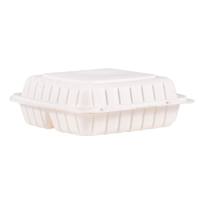 Hinged Lid Containers, 3-Compartment, 9 x 8.8 x 3, White, Plastic, 150/Carton