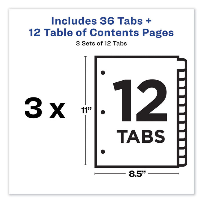 Customizable Table of Contents Ready Index Dividers with Multicolor Tabs, 12-Tab, 1 to 12, 11 x 8.5, White, 3 Sets