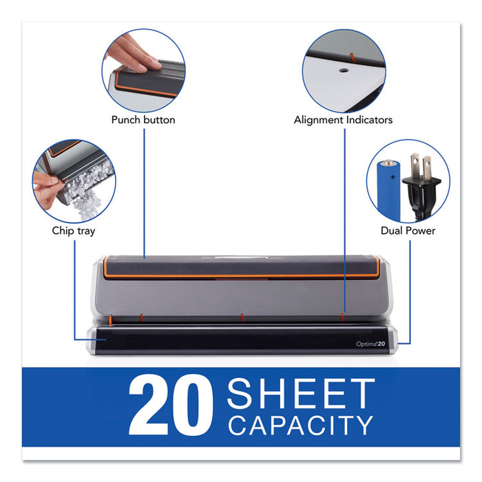 Optima 20 Three-Hole Electric Punch, 20-Sheets, 9/32" Holes, Silver/Black