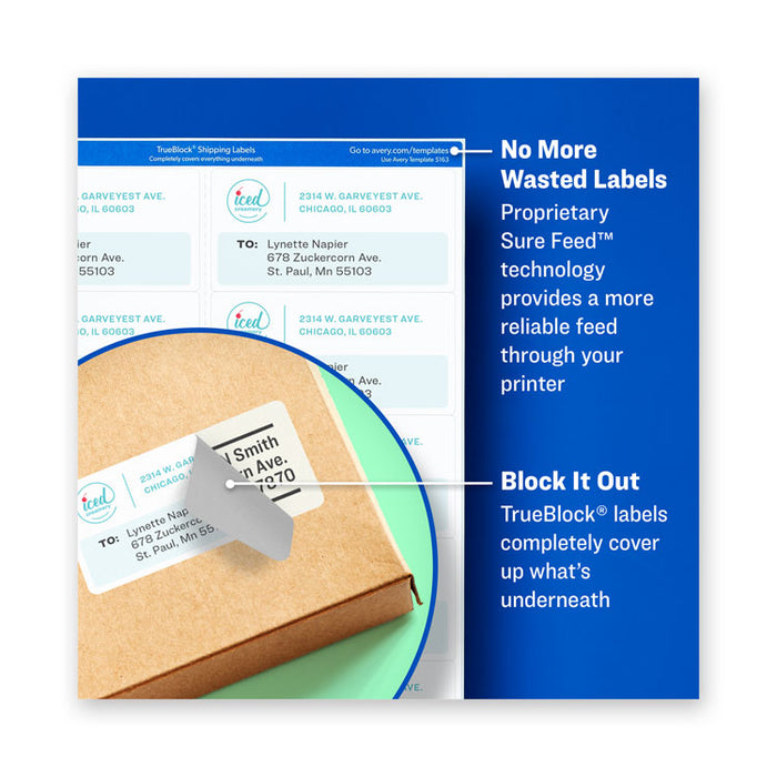 Waterproof Shipping Labels with TrueBlock and Sure Feed, Laser Printers, 2 x 4, White, 10/Sheet, 500 Sheets/Box