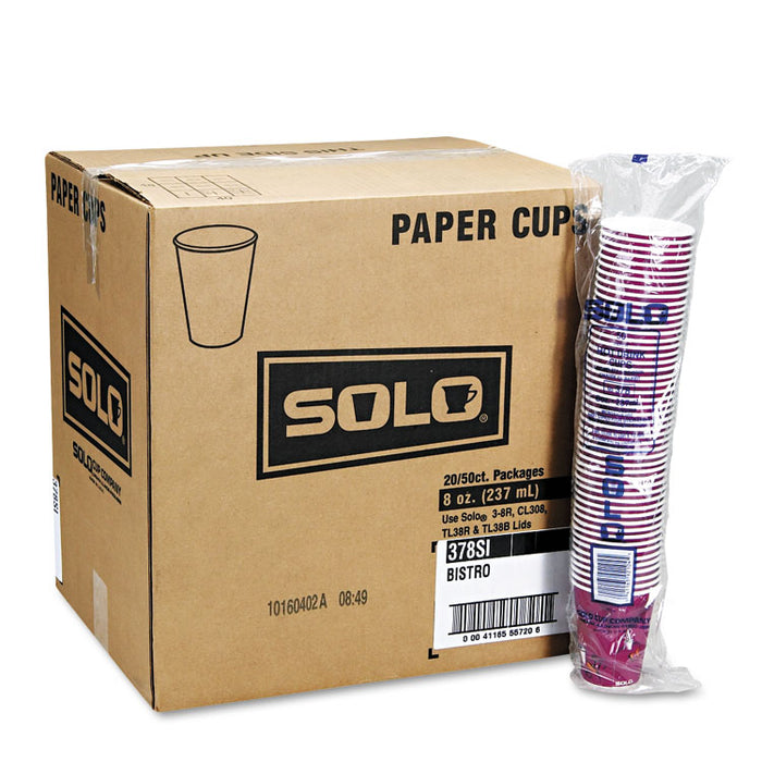 Solo Paper Hot Drink Cups in Bistro Design, 8 oz, Maroon, 50/Bag, 20 Bags/Carton